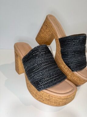 Seychelles Black Woven Cork Platform Mules